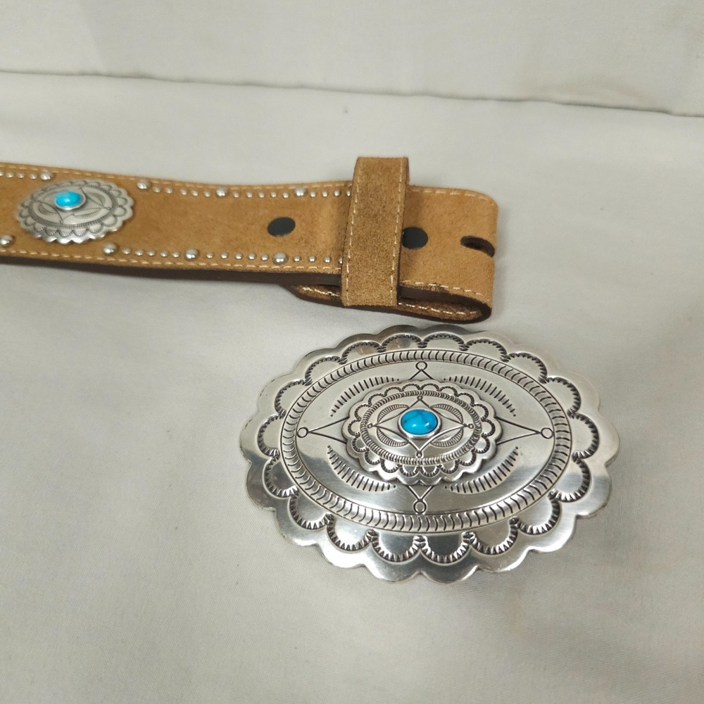 Tony Lama Western Concho Belt Size 36 Brown Suede Studded Faux Turquoise Silver - Picture 8 of 8